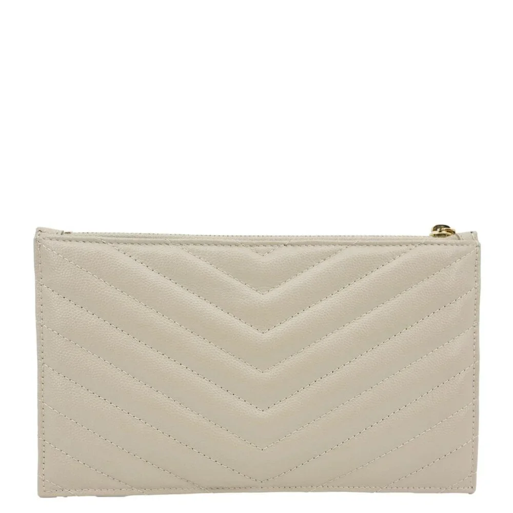 Yves Saint Laurent Monogram Bill Grain De Poudre Chevron Leather Zip Pouch Beige - Picture 3 of 12